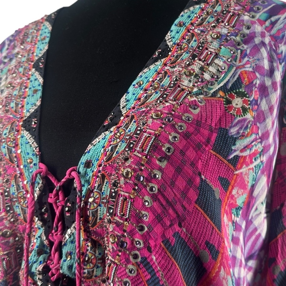 Camilla Desert Discotheque silk blouse lace-up heavily embellished boho sz 8 - Picture 8 of 13